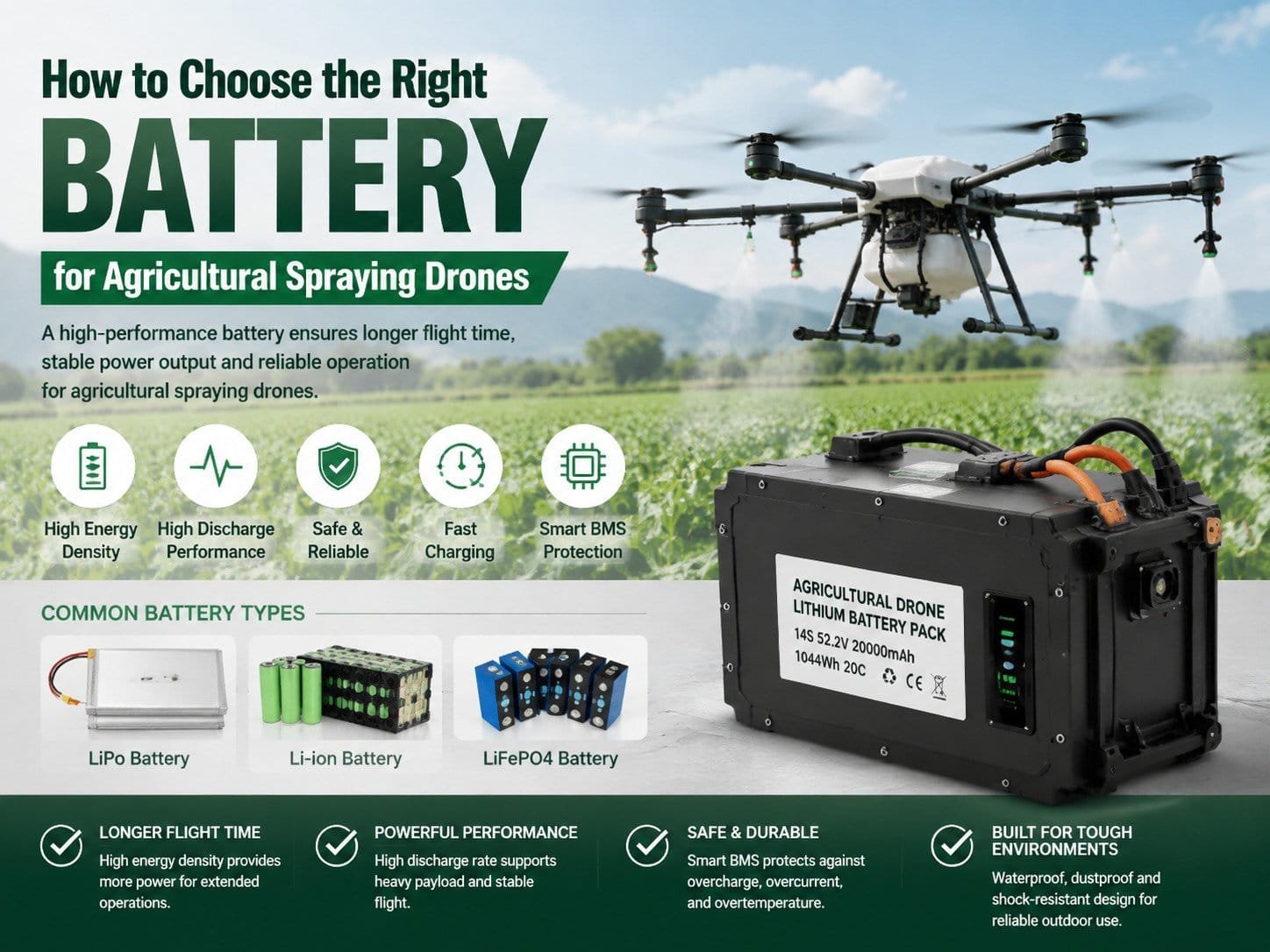 Agricultural drone battery pack with smart BMS for spraying UAVs