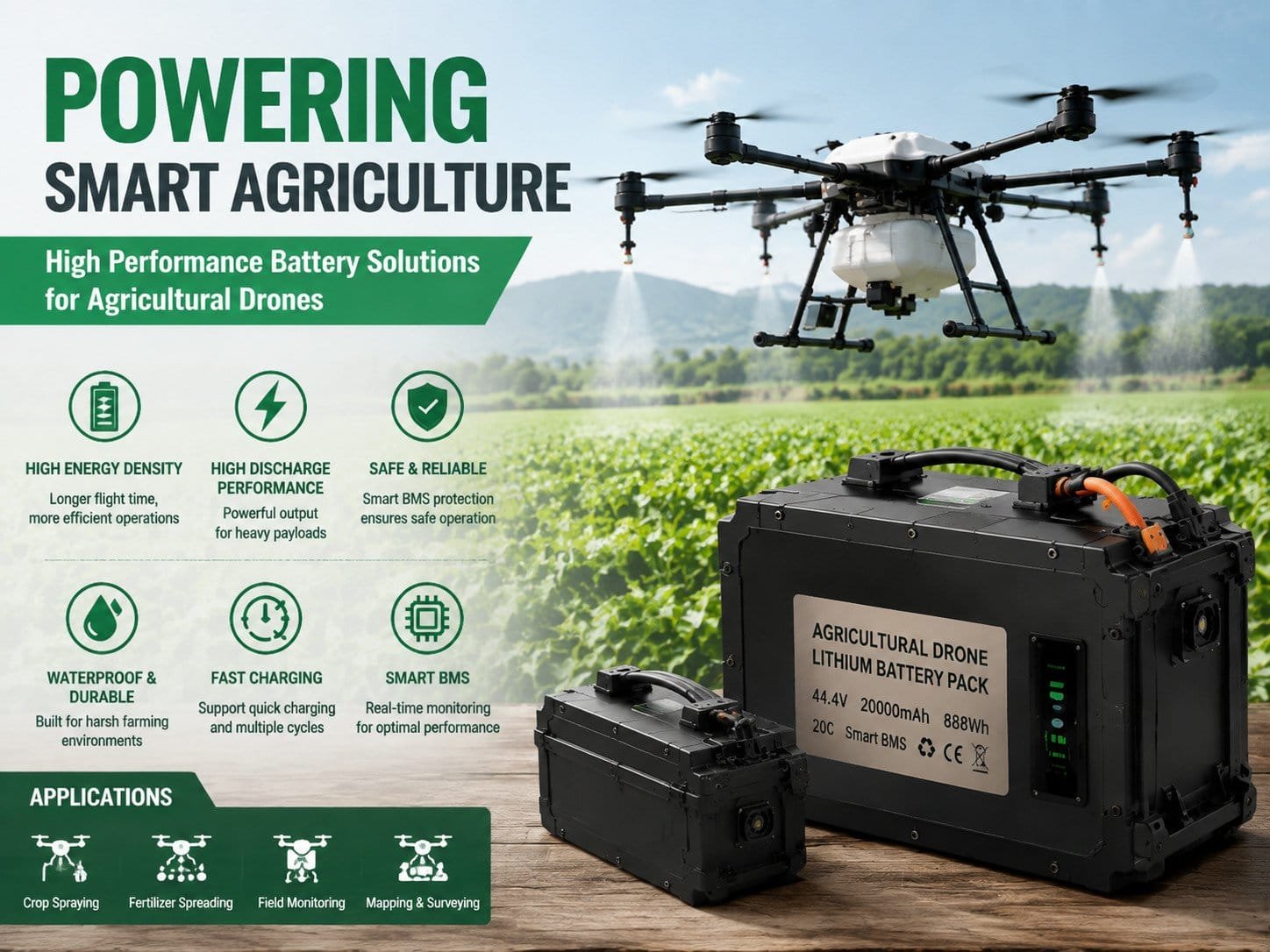 Custom agricultural drone battery pack with smart BMS for farming applications