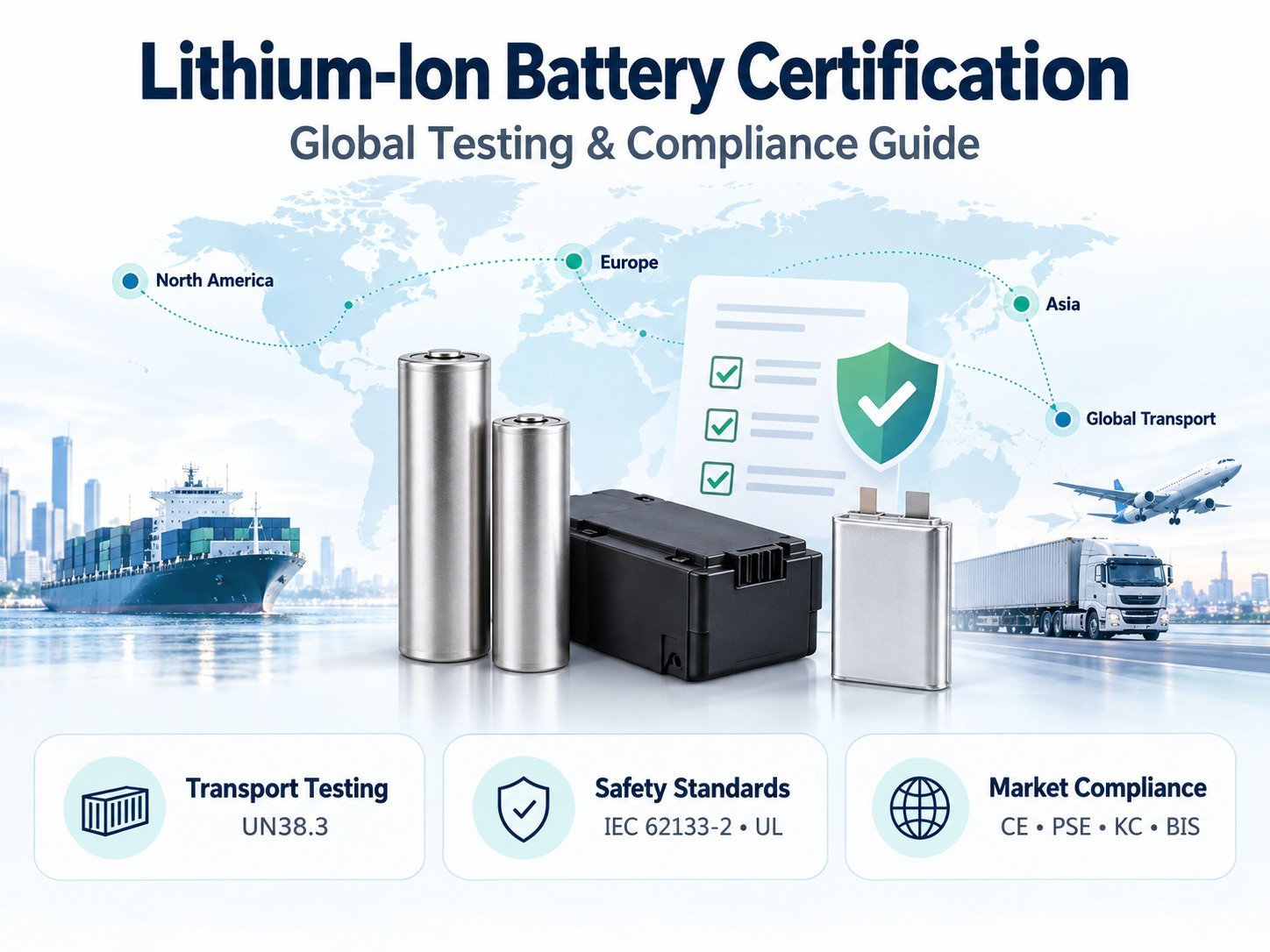 Lithium-Ion Battery Certification Guide: UN38.3, IEC 62133, UL, CE, PSE and KC by Country